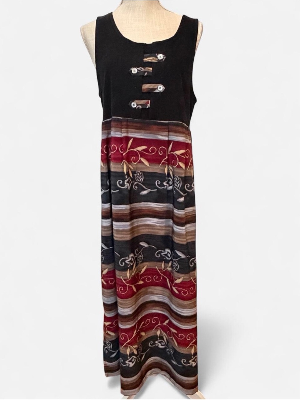 Vintage Black Velvet Sleeveless Maxi Dress with Burgundy & Brown Stripe Print